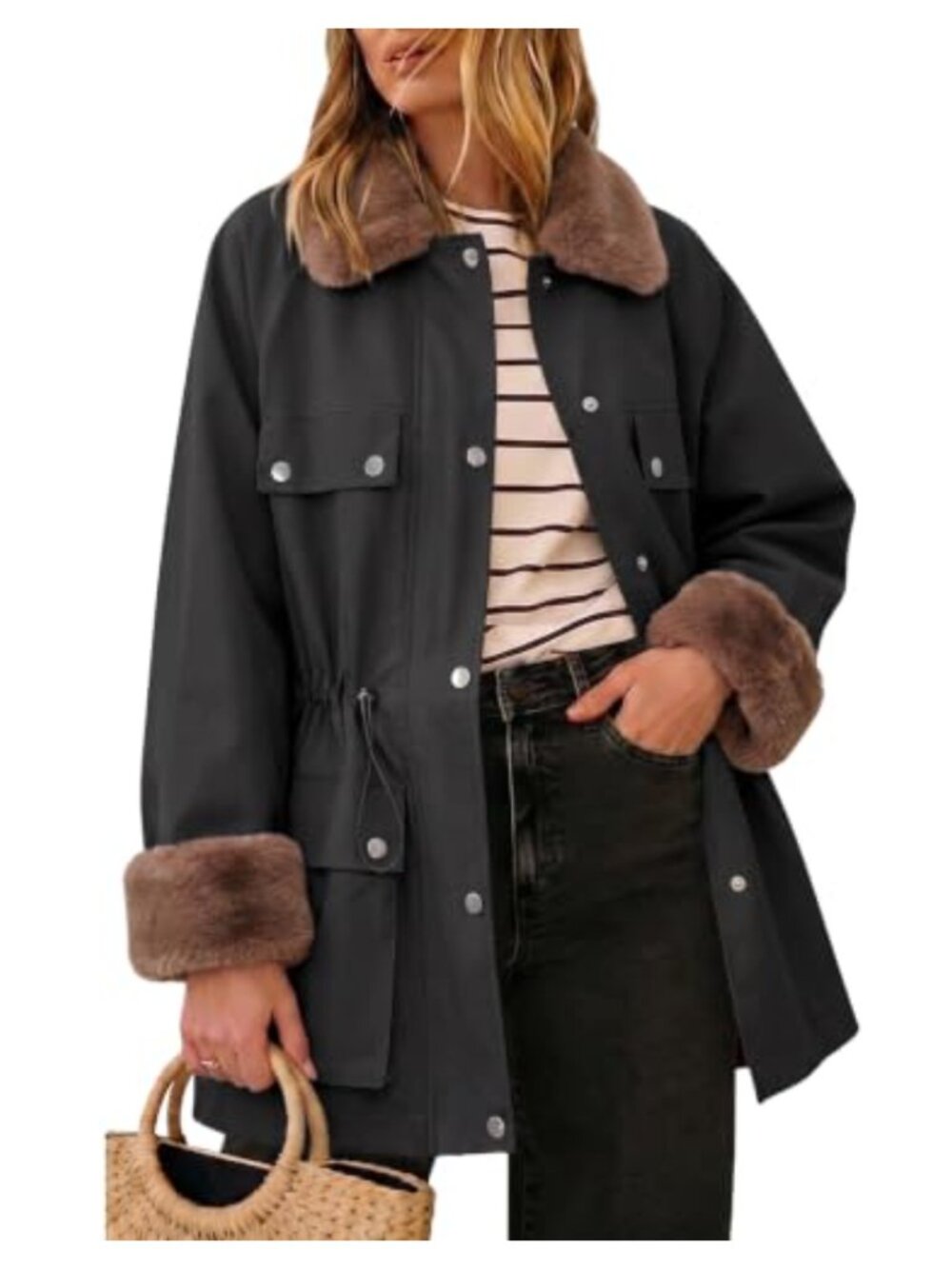 Faux Fur Collar Cuffs Trench Coat Zip Up Drawstring Waist Utility Jacket